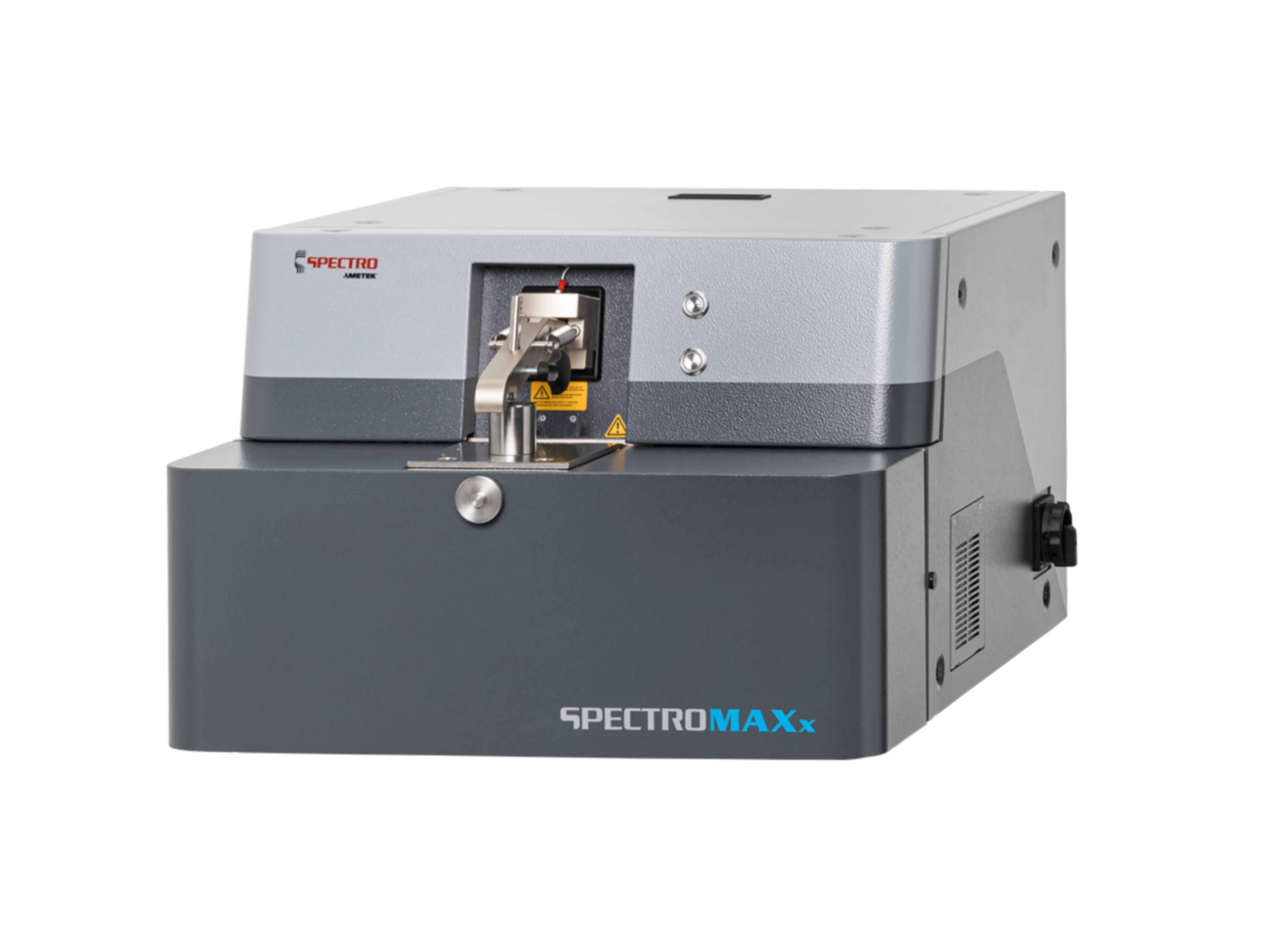 直读光谱仪设备正面展示，金属外壳，黑色面板配白色按钮，实验室环境下拍摄，清晰显示操作界面